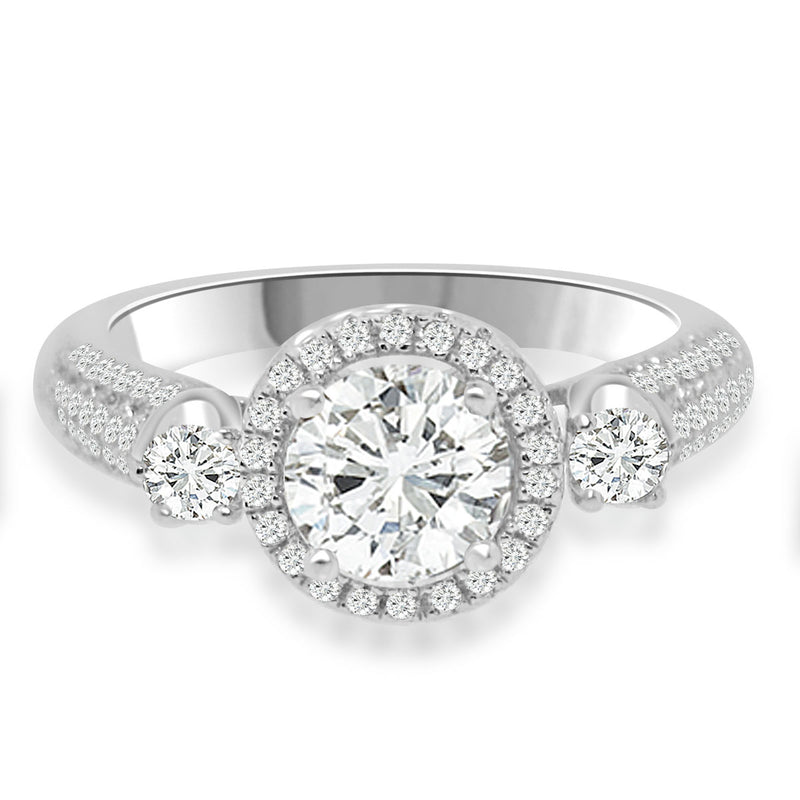 Sterling Silver Rhodium Plated and CZ Halo Double Shank Engagement Ring