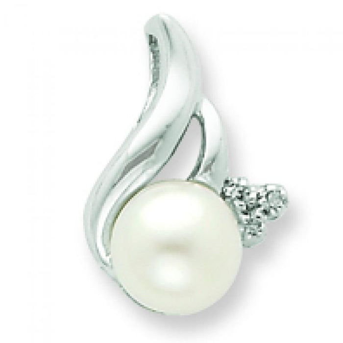 Sterling Silver Rhodium 6mm FW Cultured Pearl & Diamond Pendant