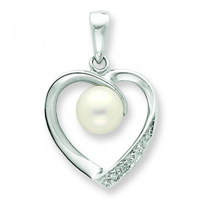 Sterling Silver 6mm FW Cultured Pearl & Diamond Heart Pendant