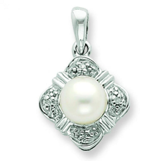 Sterling Silver Rhodium FW Cultured Pearl & Diamond Pendant