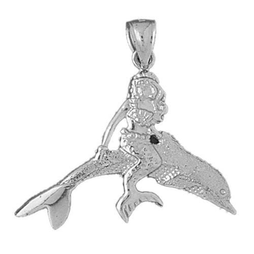 Mermaid on Dolphin Charm Pendant 14k Gold