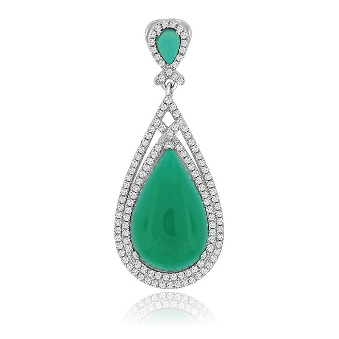 Sterling Silver Rhodium Plated and Simulated Emerald stone with CZ Teardrop Pendant