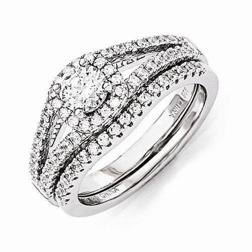 Sterling Silver & CZ Brilliant Embers 2 Piece Wedding Ring Set