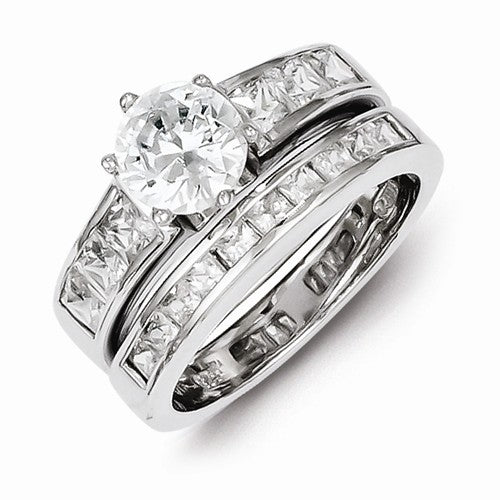Sterling Silver Round Cut CZ 2 Piece Wedding Set Ring (Cubic Zirconia)