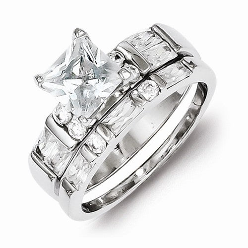 Sterling Silver Princess Cut CZ 2 Piece Set Wedding Ring