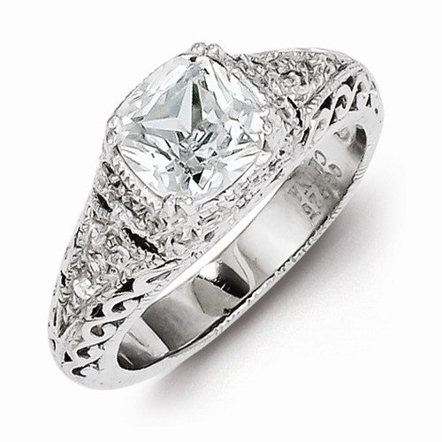 Sterling Silver Cushion cut with details on the setting CZ Engagement Ring