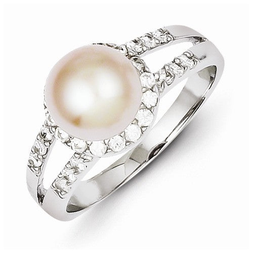Sterling Silver Imitation Pearl And CZ Ring
