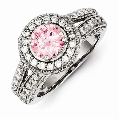 Sterling Silver Round Pink & White CZ Ring