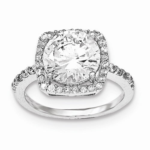 Sterling Silver Round Cut CZ Engagement Ring on Cushion Setting